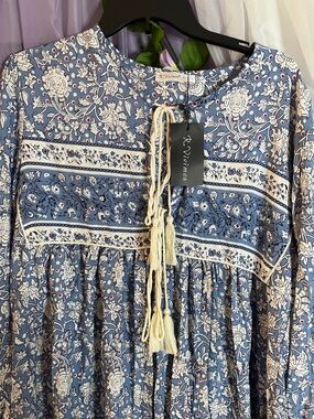 R.Vivimos Blue Floral Boho Tassel Peasant Dress